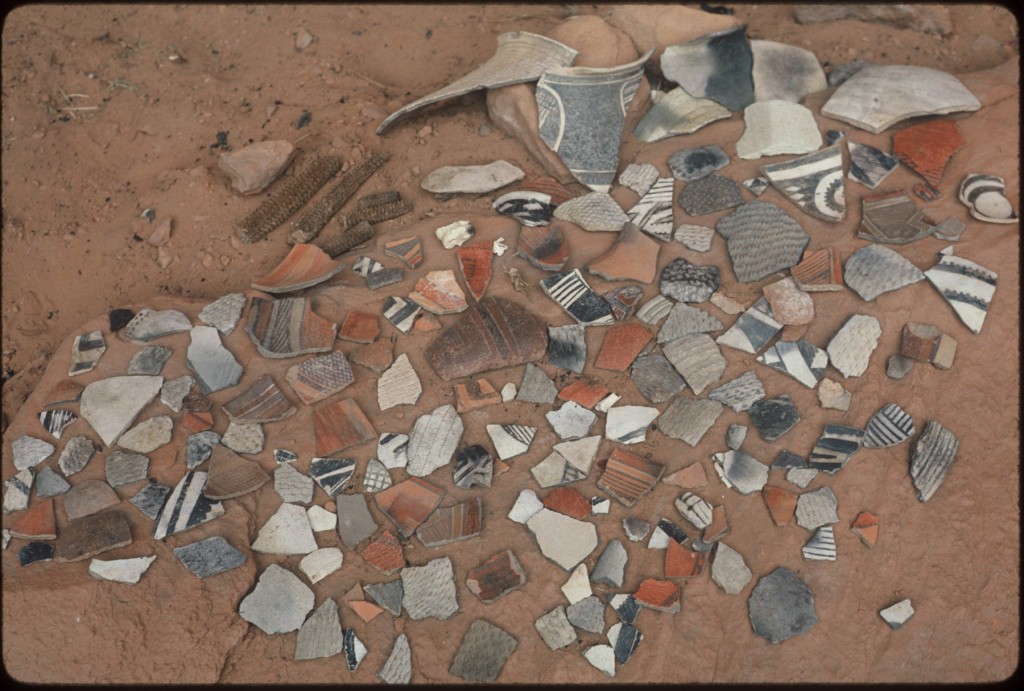 Prehistoric potsherds and corn cobs at Keet Seel, Navajo National Monument, Arizona (Summer 1986)